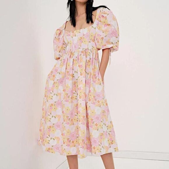NWT For Love & Lemons Carrie Pink & Yellow Floral Midi Dress Size XXS - Picture 2 of 10
